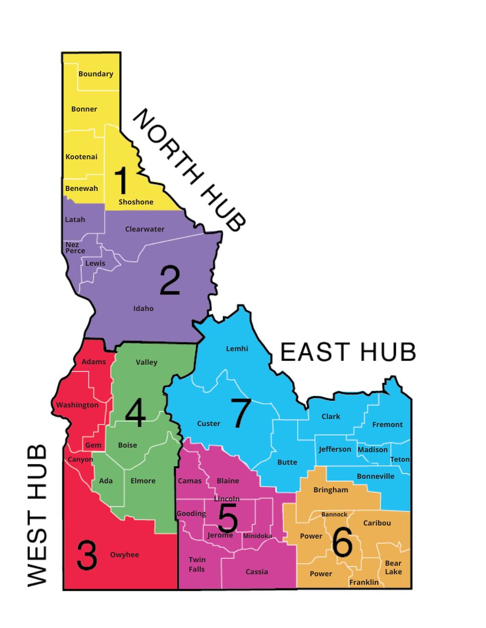 Map of Idaho regions and counties